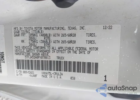 2023 Toyota Tundra Limited z USA, uszkodzony, nr VIN 5TFJA5DA0PX070813